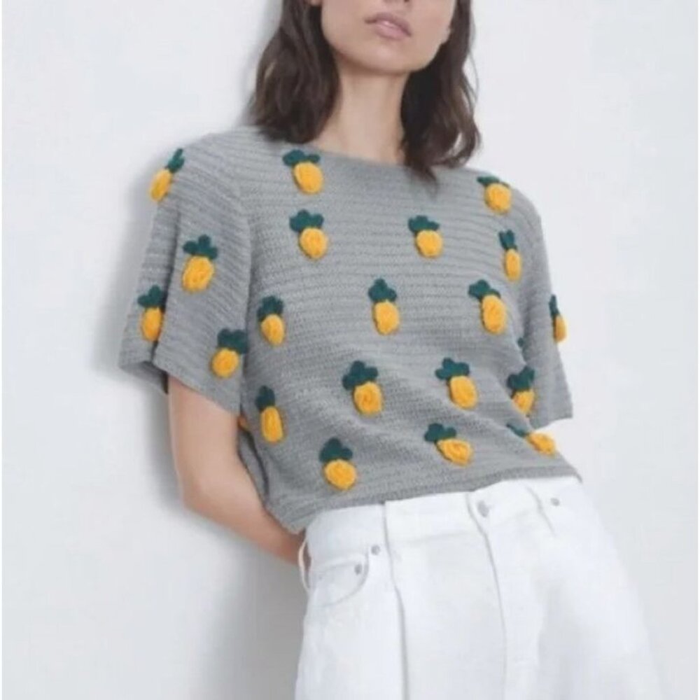 Zara Steel Grey Pineapple Applique Crewneck Crochet Top